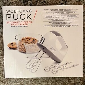 Wolfgang Puck White Hand Mixer with Storage Caddy New